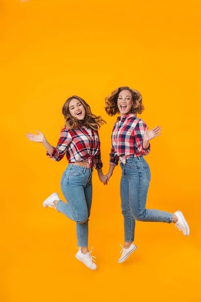 Полное Изображение Двух Молодых Красивых Девушек Клетчатых Рубашках Улыбающихся Машущих — стоковое фото