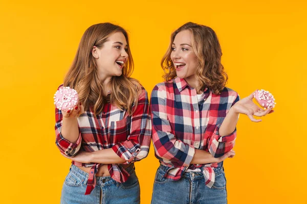 两个年轻貌美的女孩穿着格子呢衬衫玩乐 吃着黄色背景的甜甜圈的照片 — 图库照片