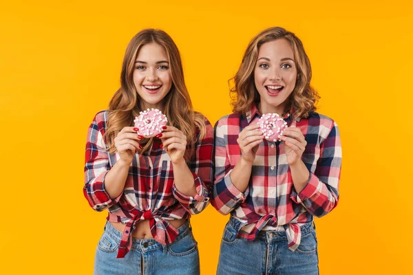 两个年轻貌美的女孩穿着格子呢衬衫玩乐 吃着黄色背景的甜甜圈的照片 — 图库照片