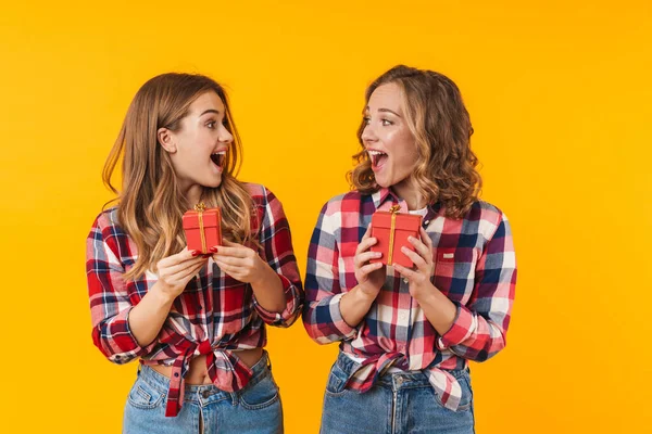 Afbeelding Van Twee Jonge Mooie Meisjes Dragen Geruite Shirts Glimlachen — Stockfoto