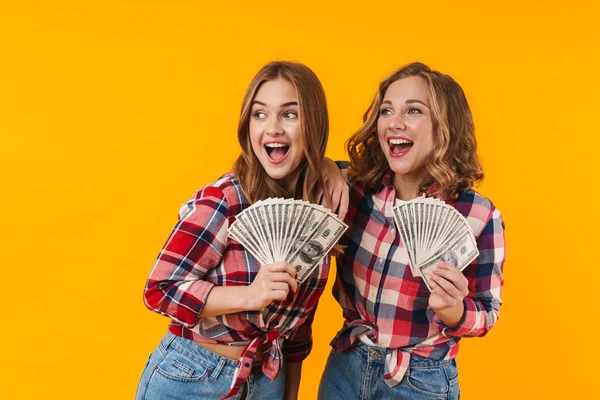 Bild Von Zwei Jungen Schönen Mädchen Karierten Hemden Die Dollarnoten — Stockfoto