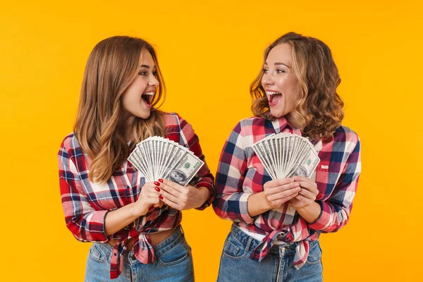 Image Two Young Beautiful Girls Wearing Plaid Shirts Holding Dollar — Stock Photo, Image