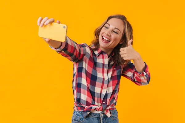 Image Young Beautiful Woman Wearing Plaid Shirt Smiling Taking Selfie — Stock Photo, Image