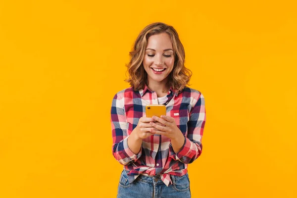 Beeld Van Jonge Mooie Vrouw Dragen Geruite Shirt Glimlachen Houden — Stockfoto