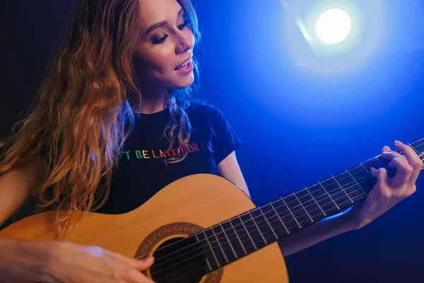 Image Positive Attractive Young Woman Musician Play Guitar Scene Night — Stock Photo, Image