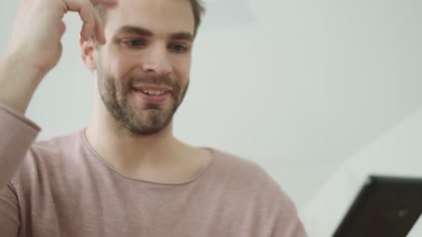 Close View Handsome Young Bearded Man Typing His Smartphone While — Stock Video