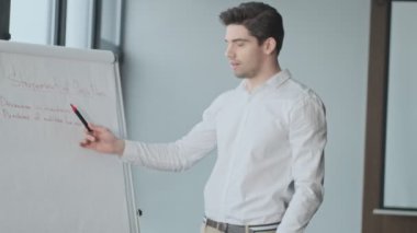 Ofisteki yakışıklı genç iş adamı meslektaşlarının önünde gemiye bir şeyler yazıyor.
