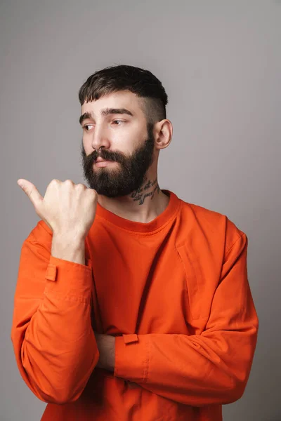 Image Closeup Young Bearded Man Nose Jewelry Wearing Orange Shirt — Stock Photo, Image