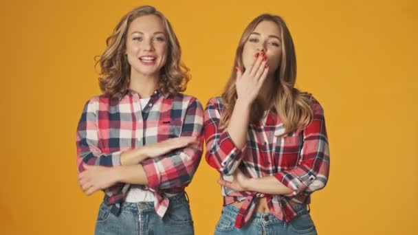 Jóvenes Felices Chicas Bonitas Aisladas Sobre Fondo Amarillo Pared Soplando — Vídeo de stock