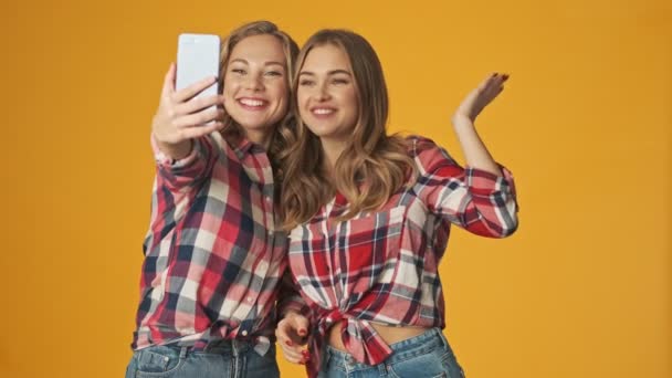 Jóvenes Positivos Increíbles Chicas Aisladas Sobre Fondo Amarillo Pared Hablando — Vídeo de stock