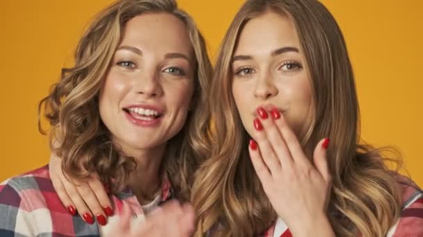 Chicas Jóvenes Amigos Positivos Hermanas Aisladas Sobre Fondo Amarillo Pared — Vídeos de Stock