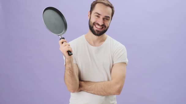 Handsome Young Man Wearing White Shirt Holding Frying Pan Standing — Stock Video