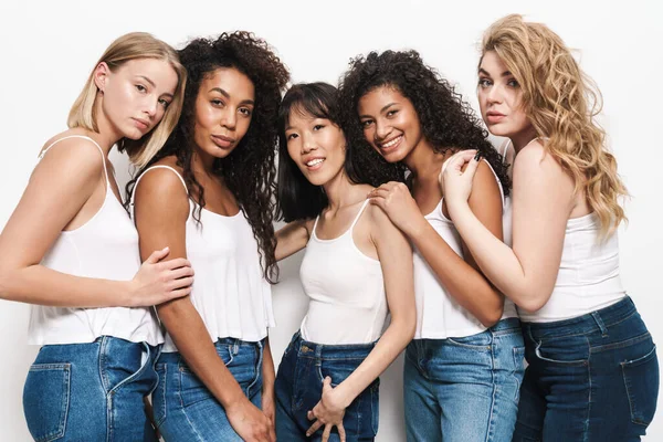 Image Pretty Multinational Women Blue Jeans Posing Hugging Together Isolated — Stock Photo, Image