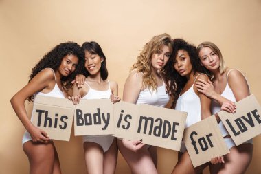Image of seductive multinational women in underclothes posing with placards isolated over beige background clipart