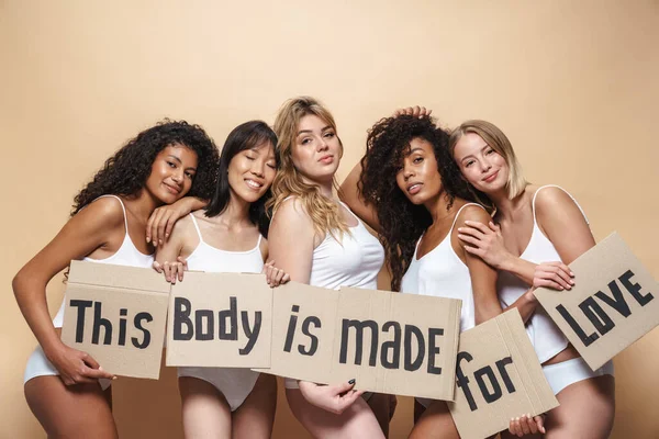 İç çamaşırlı, baştan çıkarıcı çok uluslu kadınların bej arka planda izole edilmiş pankartlarla sarılıp tutuş görüntüleri.