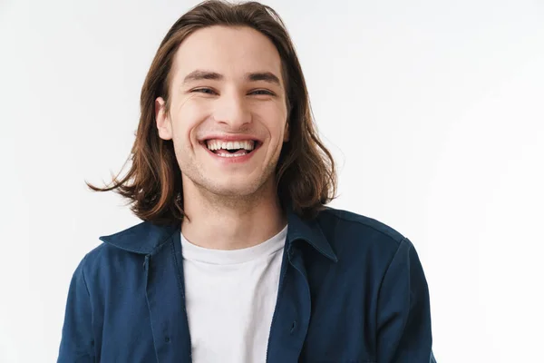 Image Joyful Young Man Long Hair Laughing Looking Camera Isolated — Stock Photo, Image