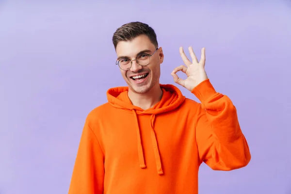 Image Happy Optimistic Young Man Isolated Purple Background Wearing Eyeglasses — Stock Photo, Image