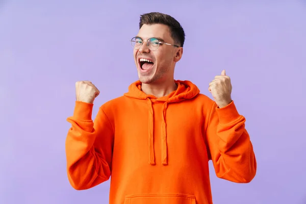 Image Happy Young Man Isolated Purple Background Wearing Eyeglasses Showing — Stock Photo, Image