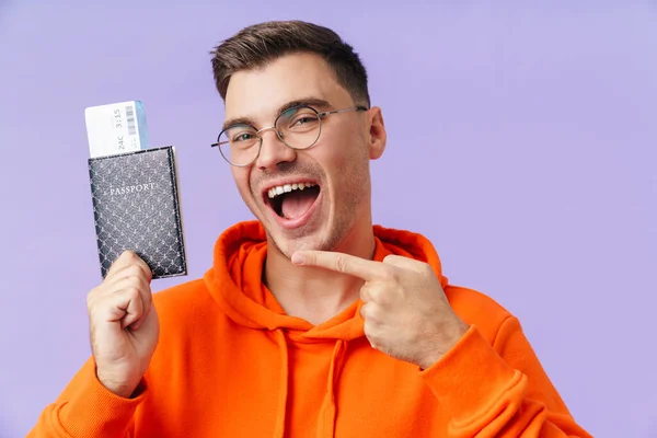 Photo Positive Happy Young Man Posing Isolated Purple Background Holding — Stock Photo, Image