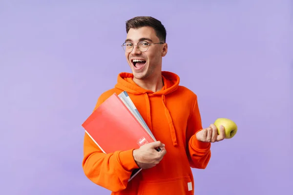Photo Positive Happy Young Man Student Posing Isolated Purple Background — Stock Photo, Image