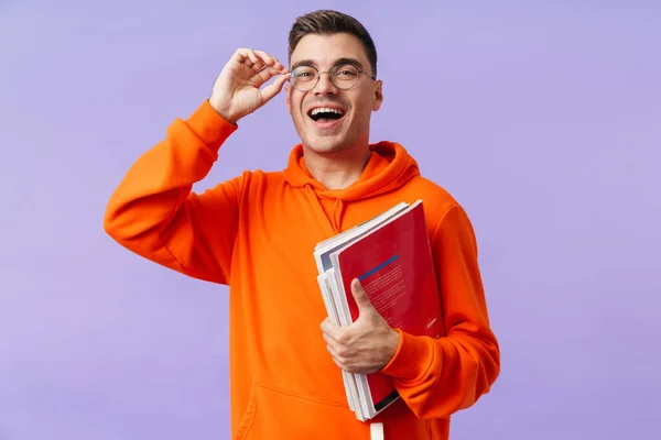 Photo Happy Positive Young Man Student Posing Isolated Purple Background — Stock Photo, Image