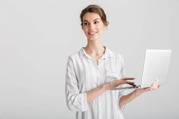 Image Joyful Beautiful Woman Smiling Typing Laptop Isolated White Background — Stock Photo, Image
