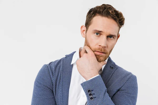 Image Confident Young Man Wearing Jacket Posing Looking Camera Isolated — Stock Photo, Image