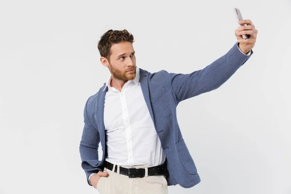 Image Confident Handsome Man Jacket Taking Selfie Photo Smartphone Isolated — Stock Photo, Image