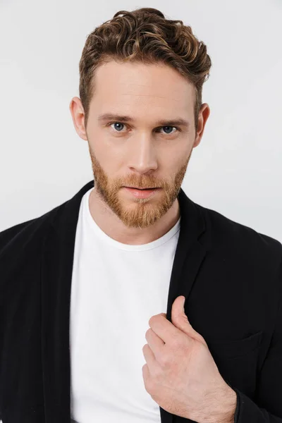 Image Young Confident Man Jacket Posing Looking Camera Isolated White — Stock Photo, Image