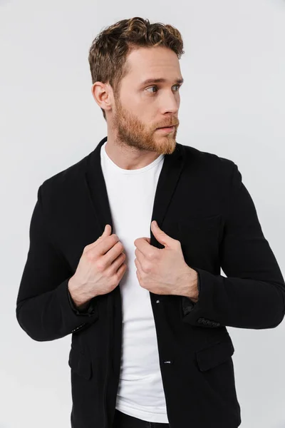 Image Handsome Serious Man Jacket Posing Looking Aside Isolated White — Stock Photo, Image