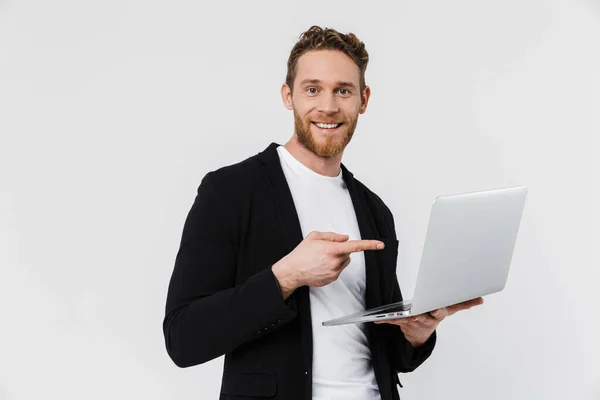 Bild Eines Gut Aussehenden Glücklichen Mannes Jacke Der Laptop Isoliert — Stockfoto