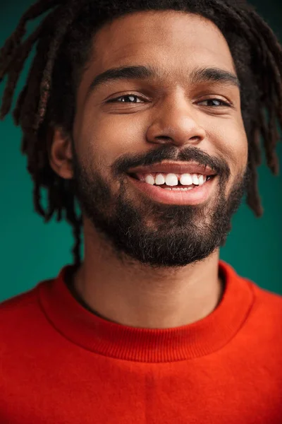 Close Portrait Smiling Young African Man Wearing Pullover Standing Isolated — Stock Photo, Image