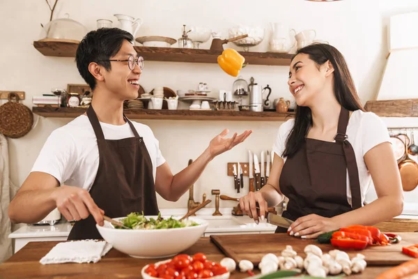 앞치마를 웃으며 부엌에서 점심을 부부의 — 스톡 사진