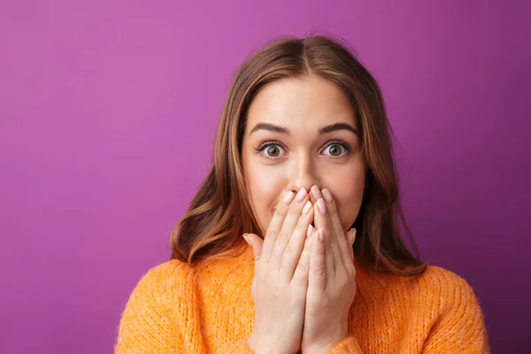 Portrait Lovely Cheerful Young Girl Wearing Sweater Standing Isolated Violet — Stock Photo, Image