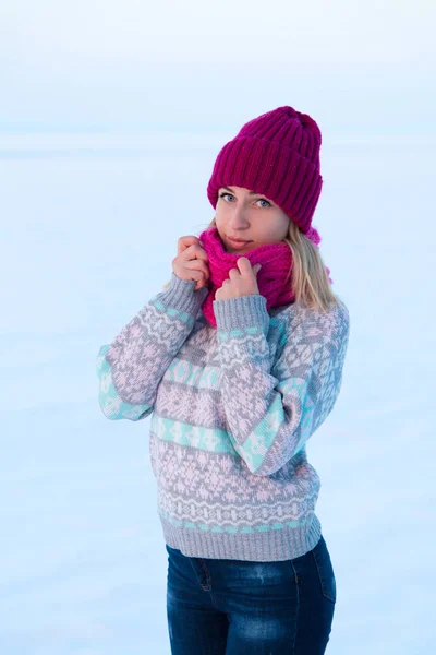 Portret van een jong meisje in roze muts en sjaal in de winter fores — Stockfoto