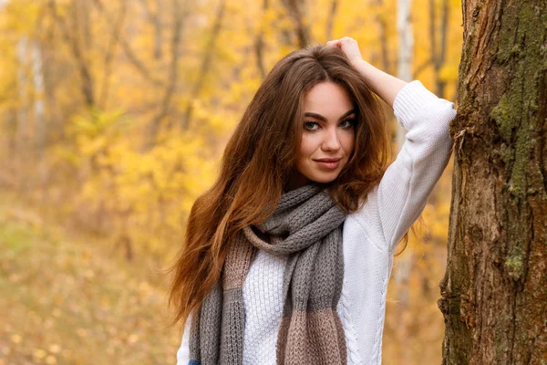 Jeune fille aux longs cheveux bruns dans le parc d'automne — Photo