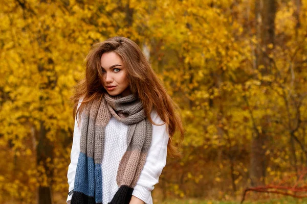 Jeune fille aux longs cheveux bruns dans le parc d'automne — Photo