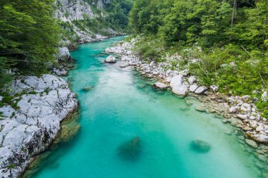 Kristal berraklığında su nehir Soca, Triglav, Slovenya