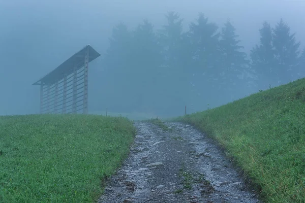 Estrada de campo que leva a montanhas na Eslovénia — Fotografia de Stock