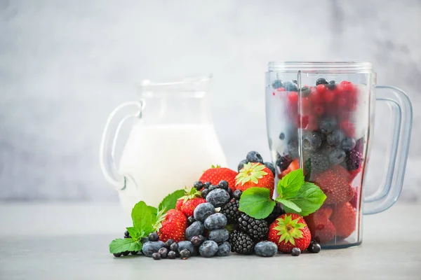 Misturador com frutas e jarra de leite para smoothie — Fotografia de Stock