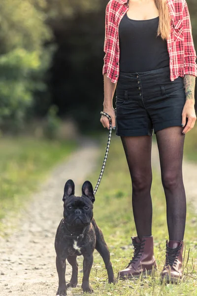 Feamle con tatuaje celebración francés Bulldog cachorro en plomo — Foto de Stock