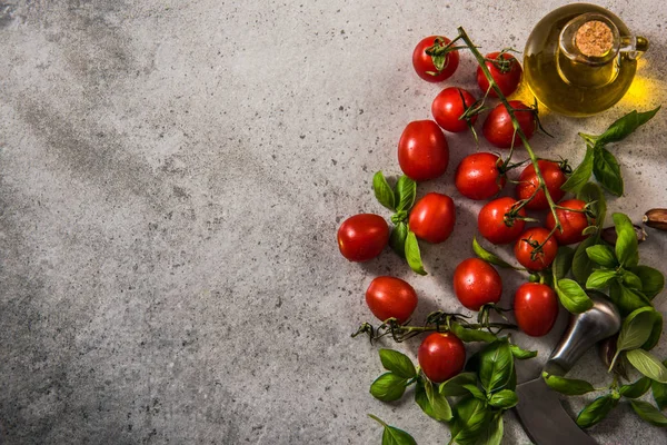 Cherry tomatoes with fresh basil and olive oil — Stock Photo, Image