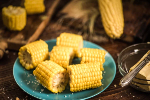 Gotowana kukurydza na kolbie z solą i masłem — Zdjęcie stockowe