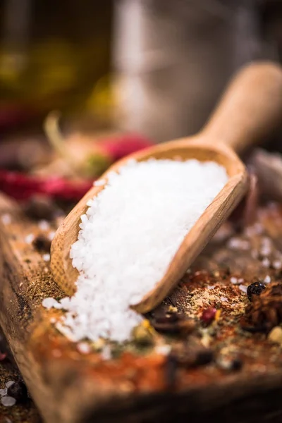 Sea salt on wooden spoon — Stock Photo, Image