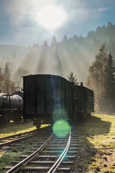 Estação ferroviária abandonada em Carpathia Mountains, Polônia e nevoeiro — Fotografia de Stock