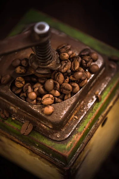 Moedor de café com grãos de café torrados — Fotografia de Stock