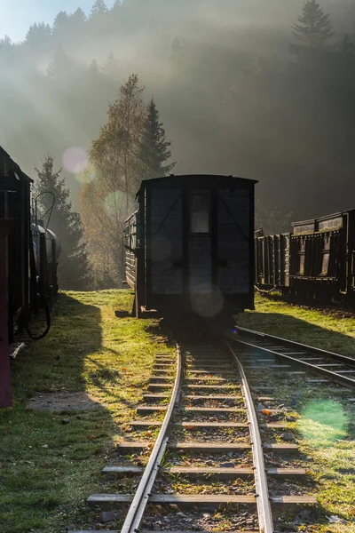 Estação Ferroviária Abandonada Carpathia Mountains Polônia Nebuloso Amanhecer Nebuloso — Fotografia de Stock