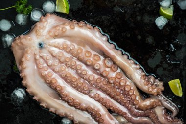 Tüm deniz ürünleri ahtapot buz ve limon ile