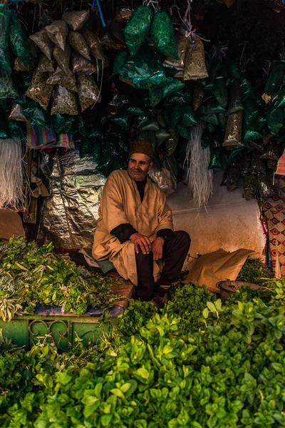 Marocchino vendita di erbe fresche al mercato locale in Marocco — Foto Stock