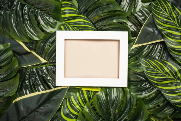 White photo frame over palm leaves, design mock up